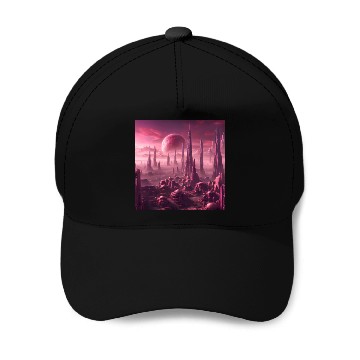 Discover Futuristic Alien Skyline in Pink Hues Baseball Caps