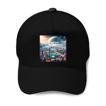Discover Futuristic Cityscape with Alien Planets Sci-Fi Baseball Caps