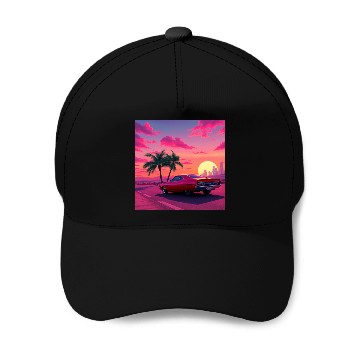 Discover Neon Drift Sunset on the Synthwave Highway Baseball Caps