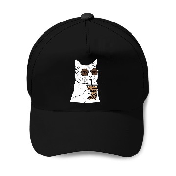 Discover Cool Cat with Bubble Tea and Sunglasses Baseball Caps