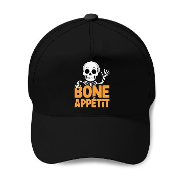Discover Halloween Skeleton with Bone Appétit Text Baseball Caps