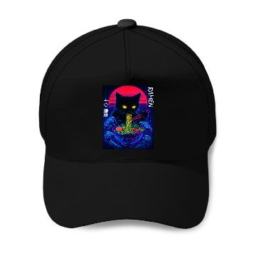 Discover Neon Black Cat Ramen Art Baseball Caps