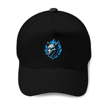 Discover Fierce Wolf Skull with Blue Flames Baseball Caps