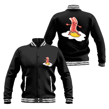 Discover Surf Life Kawaii Bacon Surfing On Fried Egg Breakfast Egg and Bacon Baseball Jackets