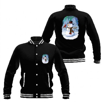 Discover Christmas Snowman Cardinal Bird Chickadees Winter Snow Scene Baseball Jackets