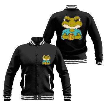 Discover Frog Pet Funny cartoon angry morning frog drinking coffee toad coffee Baseball Jackets