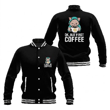 Discover Coffee Fun ok but first coffee cat Baseball Tees Baseball Jackets