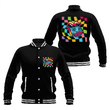 Discover Lips Glitchy Kidcore Checkerboard Retro Rainbow Whatever Y2K Baseball Jackets