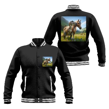Discover Palomino horse next to a velociraptor Baseball Jackets