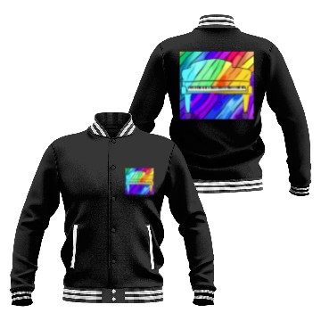 Discover piano in front of a colorful rainbow Baseball Jackets
