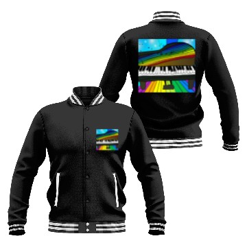 Discover piano in front of a colorful rainbow Baseball Jackets