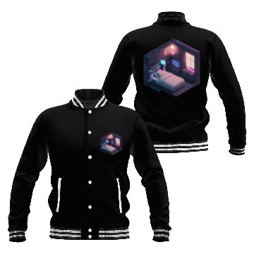 Discover Isometric Voxel Bedroom - Synthwave Future Room Baseball Jackets