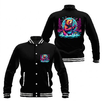 Discover Joyful Bear Fishing in River Baseball Jackets