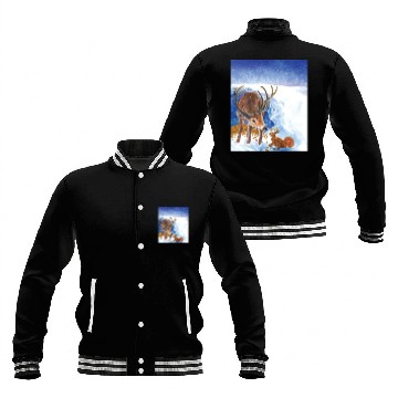 Discover Red Deer and Squirrel in Winter Illustration Baseball Jackets