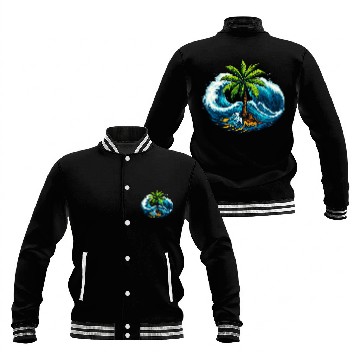 Discover "Palm Serenity Amid Ocean Waves" Baseball Jackets