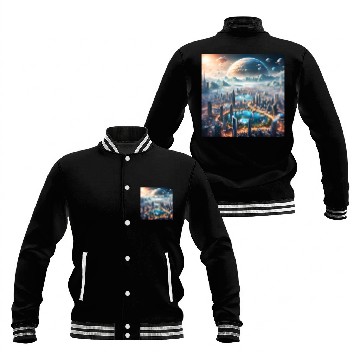 Discover Futuristic Cityscape with Alien Planets Sci-Fi Baseball Jackets