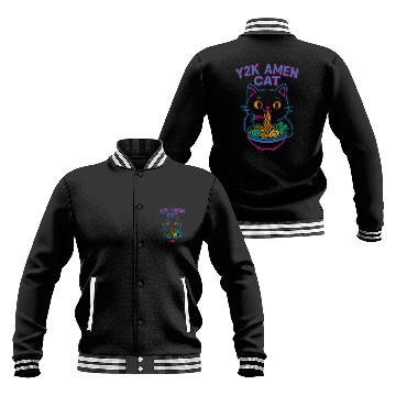 Discover Y2K Ramen Cat – Retro Neon Anime Noodle Lover Desi Baseball Jackets