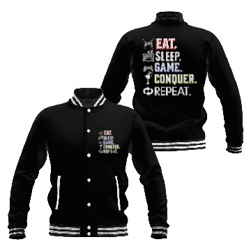 Discover Eat Sleep Game Conquer Repeat | Gamer Quote Baseball Jackets