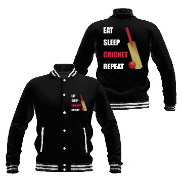 Discover Eat Sleep Cricket Repeat Red and White Text Baseball Jackets