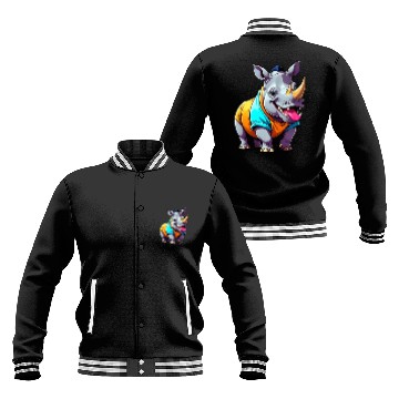 Discover A Cartoonish Rhinoceros in a Playful Pose Baseball Jackets