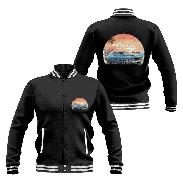 Discover A muscle car cruisingon a coastal road. Baseball Jackets