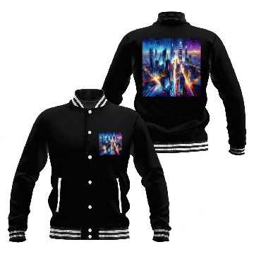 Discover Urban Lights Vibrant Nighttime Cityscape Baseball Jackets
