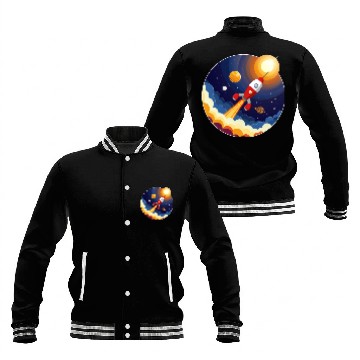 Discover Colourful image of a rocket flying through space Baseball Jackets