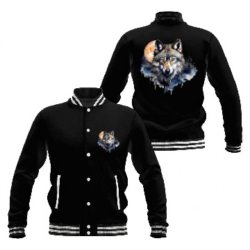 Discover Wolf Portrait Under Full Moon Design Baseball Jackets