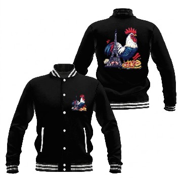 Discover French Pride: Rooster with Eiffel Tower and Pizza Baseball Jackets