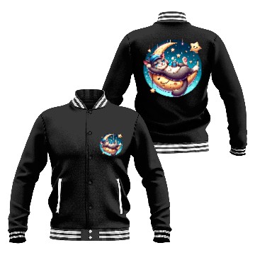 Discover Cute Cat Relaxing on Moon with Stars and Coffee Baseball Jackets
