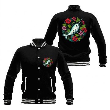 Discover Whimsical Narwhal Amid Floral Bloom Baseball Jackets