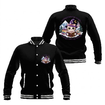 Discover Whimsical Cat Wizard Reading Magic Book Baseball Jackets