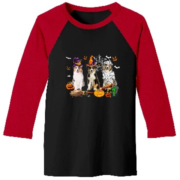 Discover Three Australian Shepherd Dogs Mummy Witch Scary Pumpkins Baseball Tees