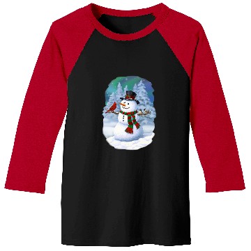 Discover Christmas Snowman Cardinal Bird Chickadees Winter Snow Scene Baseball Tees