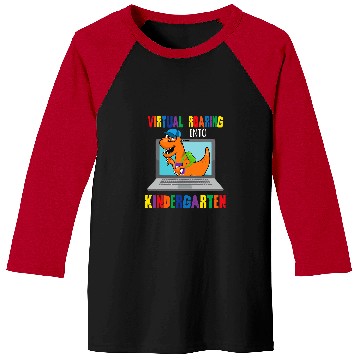 Discover Virtual roaring into kindergarten funny dinosaur student kid Baseball Tees