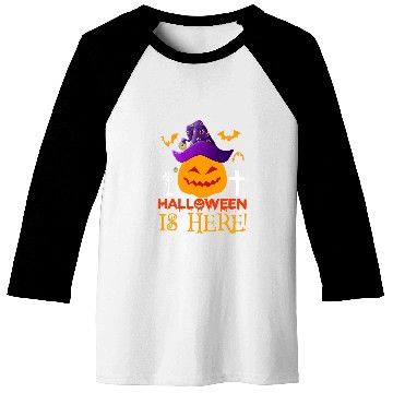 Discover Halloween Is Here Orange Pumpkin With Purple Pirate Hat Baseball Tees