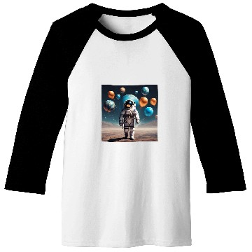Discover Galactic Astronaut Explorer Holding Planet Balloons STEM 2 Baseball Tees