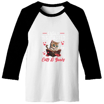 Discover Easily Distracted by Cats and Books Cat Book Lover Funny Baseball Tees