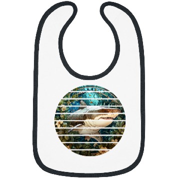 Discover Fishing Fun Retro circle stained glass great white shark ocean fishing Bibs