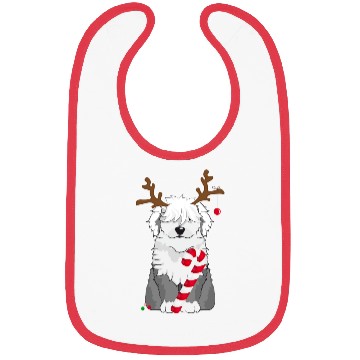 Discover Bobtail dog with candy cane and reindeer antlers Bibs