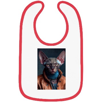 Discover Devon Rex Cat Breed Portrait wears a leather jacke Bibs