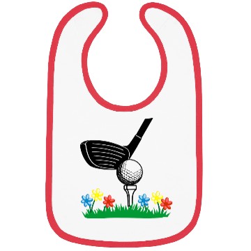 Discover Golf stick and ball on grass field with flowers Bibs
