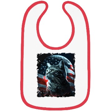 Discover America cat under Moon with American Flag Bibs