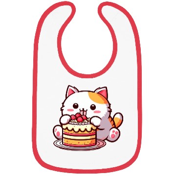 Discover Cherry Cake Delight: Sweet Comic Cat Indulges Bibs