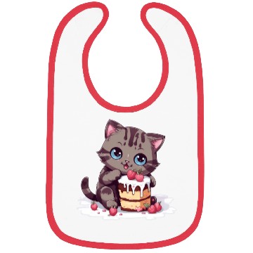 Discover Cherry Cake Delight: Sweet Comic Cat Indulges Bibs