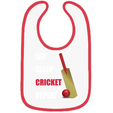 Discover Eat Sleep Cricket Repeat Red and White Text Bibs