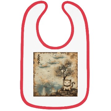 Discover Mt. Fuji Kitten Papyrus Scroll Retro Japanese Art Bibs