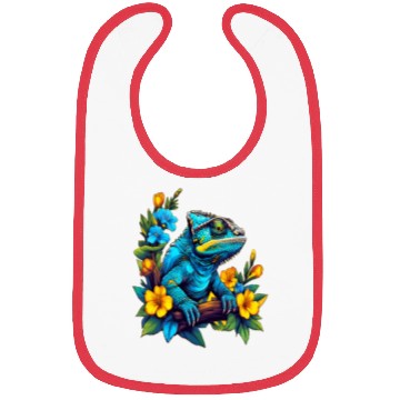 Discover Chameleon Sitting on Branch Surrounded by Flowers Bibs