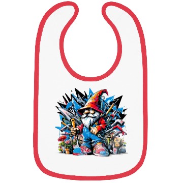 Discover Colorful, lively garden gnome surrounded by tools Bibs