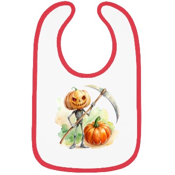 Discover Pumpkin headed skeleton wielding a menacing scythe Bibs